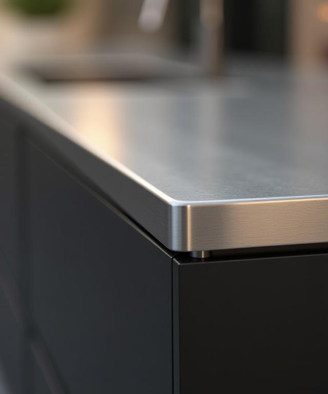 Sömlös fog mellan rostfritt stål och mörkt laminat i ett utekök